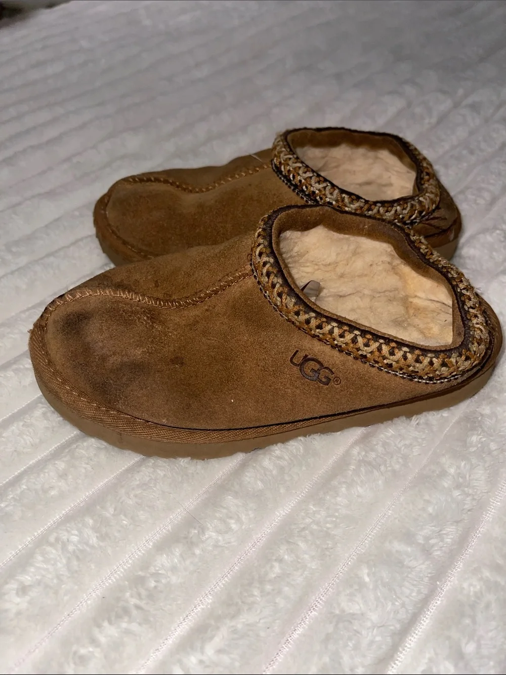 UGG Tasman Chestnut Brown Suede Cozy Slip-On Clogs | Size 12 Kids